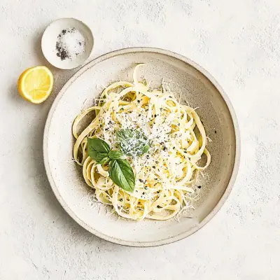 A top-down flat lay of a single plate of lemon linguine placed exactly at the center of a light stone tabletop. The dish features al dente linguine tossed with extra virgin olive oil, fresh lemon zest, lemon juice, shaved parmesan, and cracked black pepper. A few fresh basil leaves and a delicate lemon twist are added as garnish. The pasta is served on a large, round, matte ceramic plate — neutral beige or soft white. No cutlery, no glassware, no napkins, no hands — the composition contains only the plate and the tabletop. The image is tightly cropped to emphasize the dish, with soft, diffused natural light from the side. The visual tone is editorial, calm, and tactile — in the style of Kinfolk or Cereal magazine. The scene is clean, minimal, and focused entirely on the honest beauty of the food.