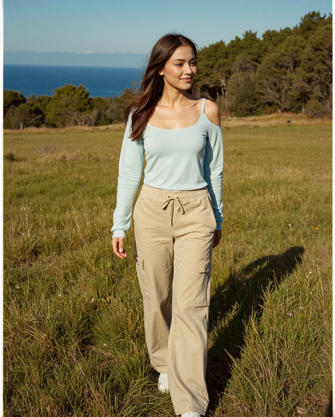 Person in light blue cold-shoulder top and beige cargo pants walking through coastal meadow with ocean and pine trees in background