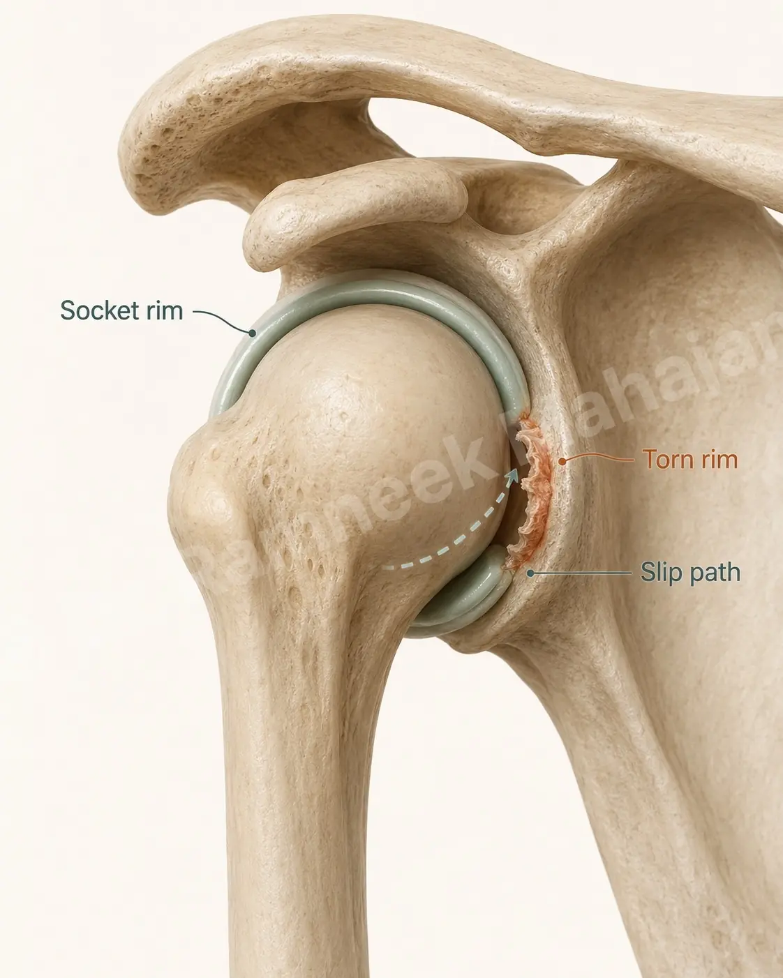 A shoulder dislocation tears the front rim of the socket; that torn rim leaves a path the ball can slip out along again.