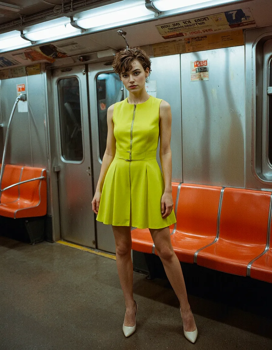 Vibrant neon yellow dress stands out against orange subway seats and metallic interior, creating striking urban fashion contrast