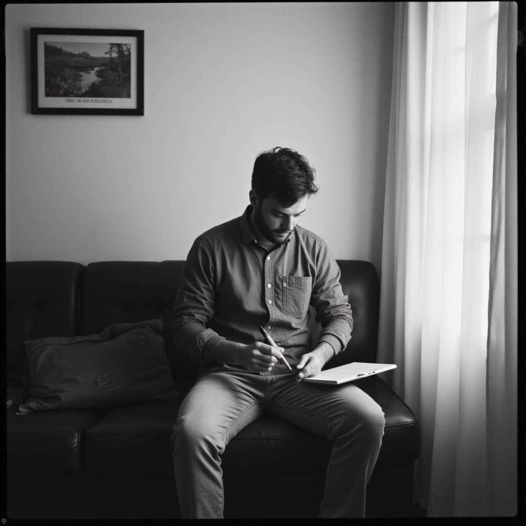 schwarz, weiß bild, ein man sitzt in einem zimmer und schreibt
