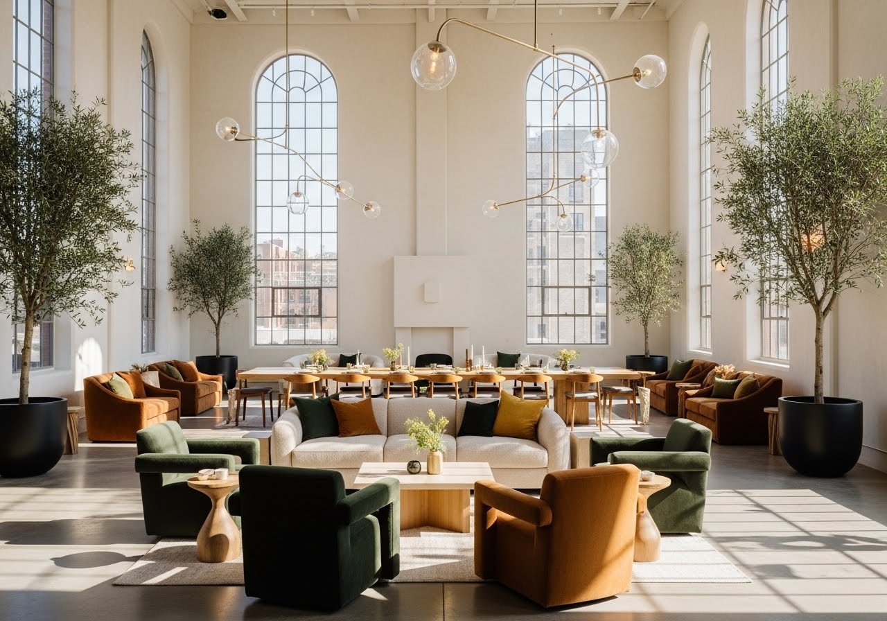 A spacious, elegantly designed room features high arched windows allowing natural light to flood the space, with modern pendant lights hanging from a vaulted ceiling and stylish furniture arranged around small coffee tables, surrounded by large potted trees for a touch of greenery.