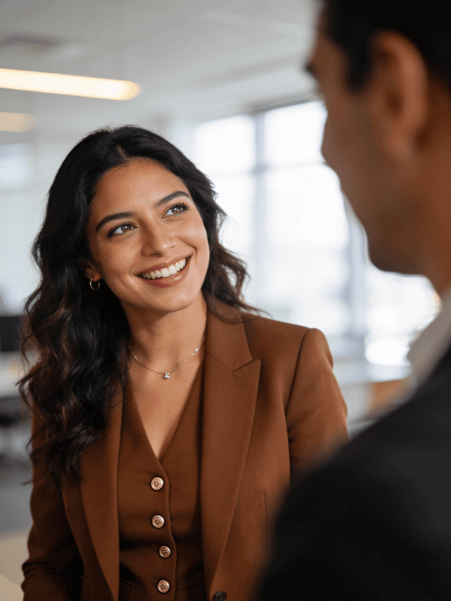 A woman smiling in a professional setting
