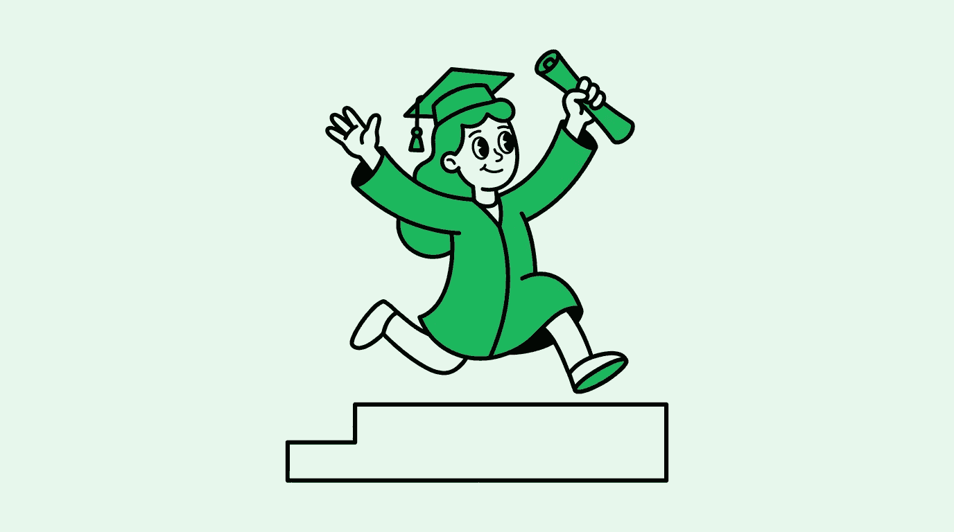 doctor graduating medical school skipping on stage. minimalist no extra junk.