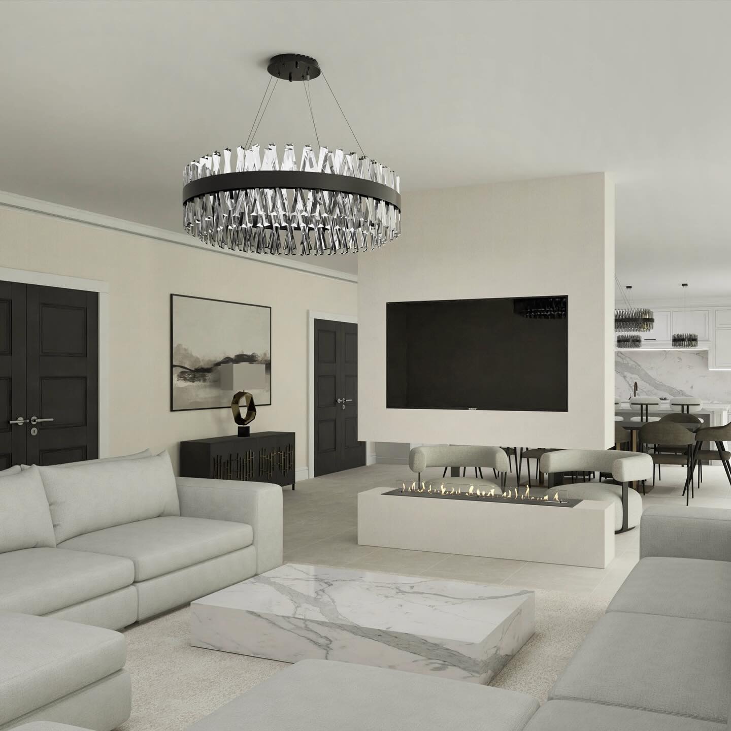 Dining room with marble walls