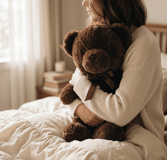 A soft memorial bear held close, carrying a loved one's voice