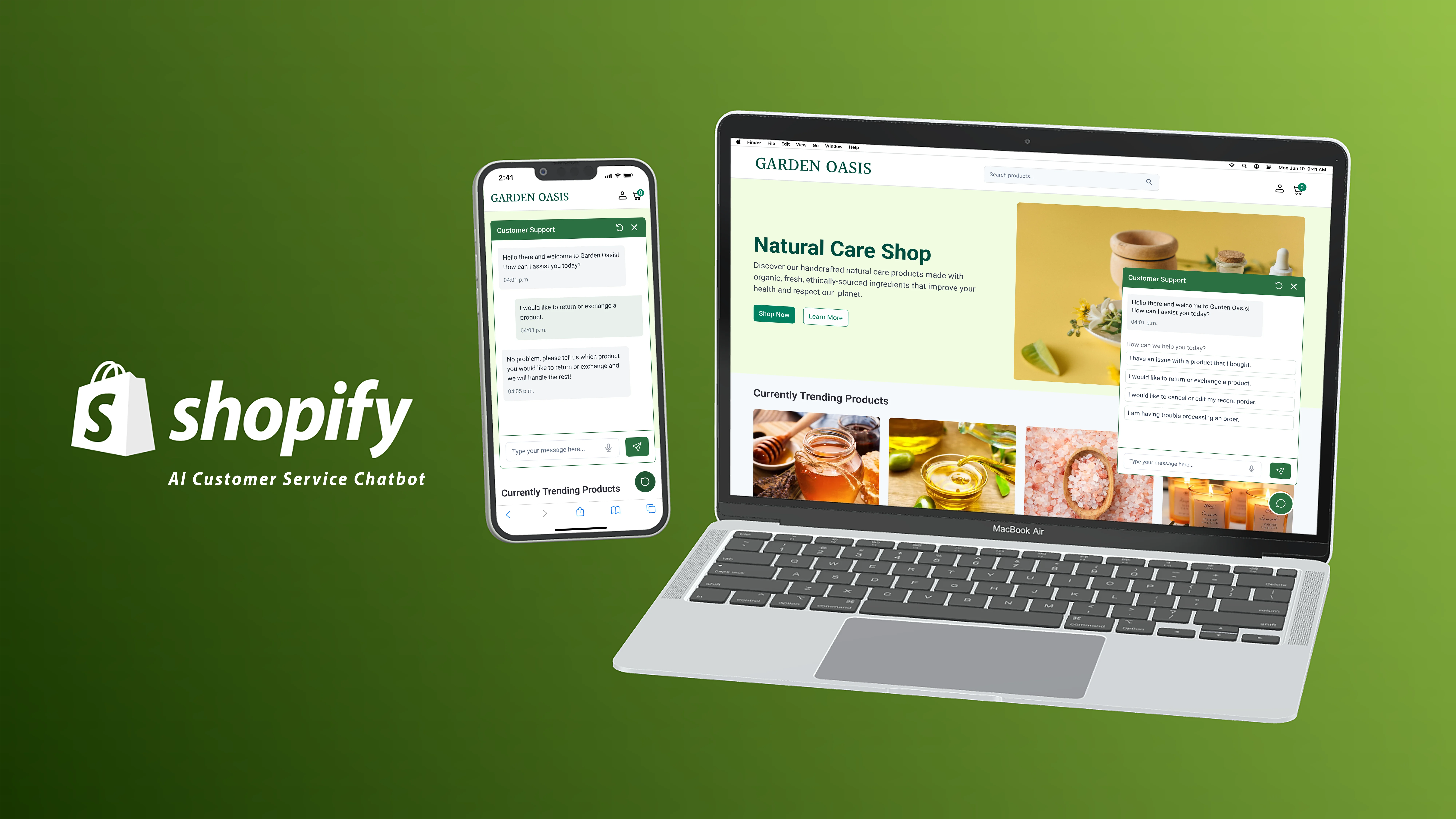 Shopify Chatbot project cover image, featuring the project outcome on a phone and laptop screens.