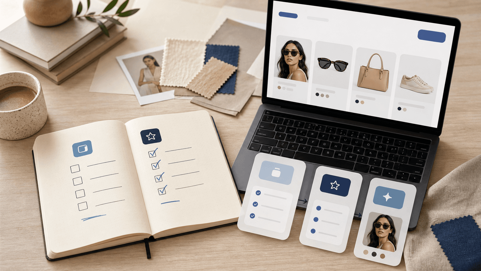 Editorial ecommerce collage comparing a free trial checklist with a paid Shopify virtual try-on app workflow