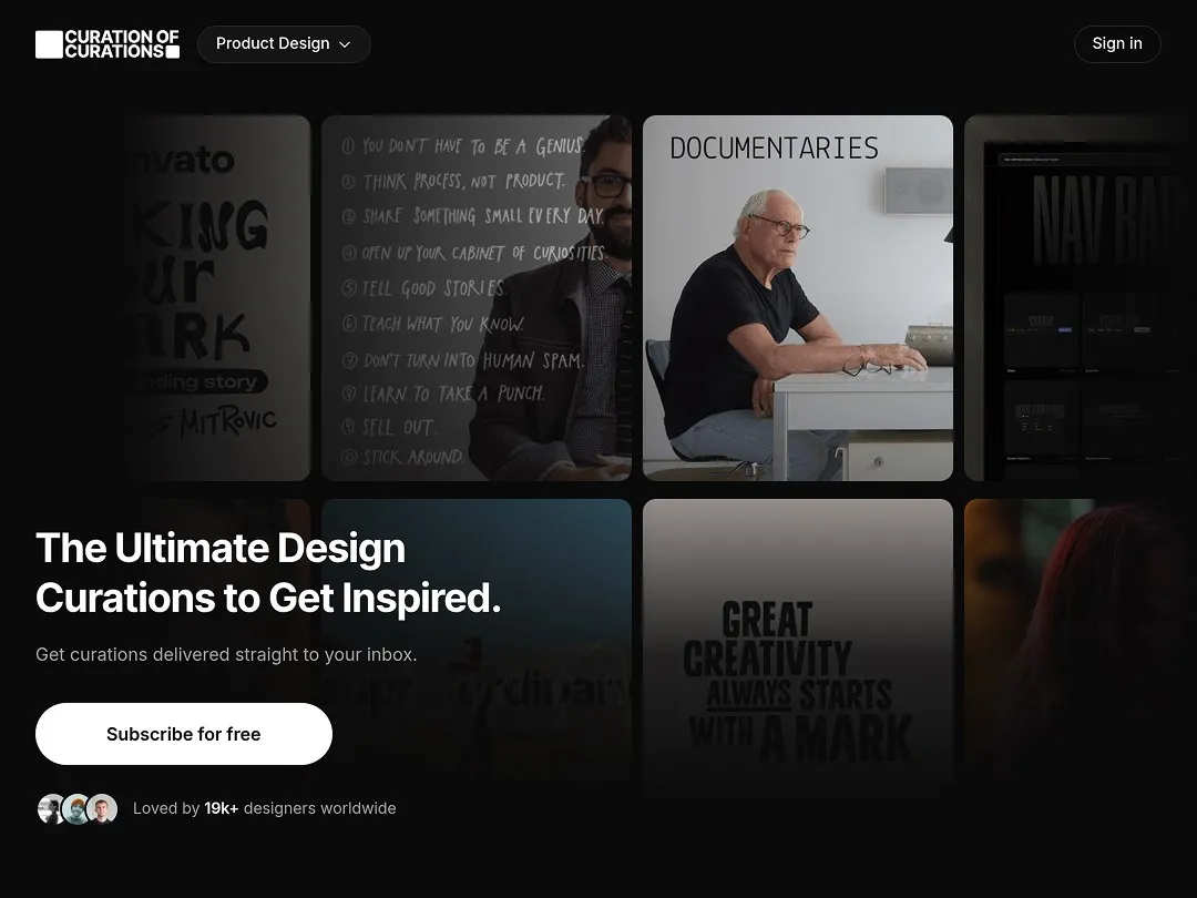 Design curation site with grid of creative inspiration and subscribe offer.
