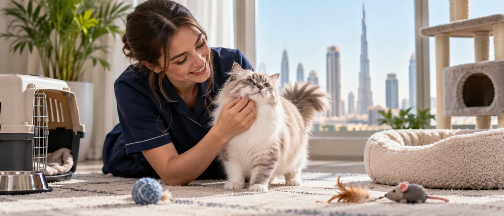 A vet petting a long-haired cat, with the Dubai skyline visible through the window.