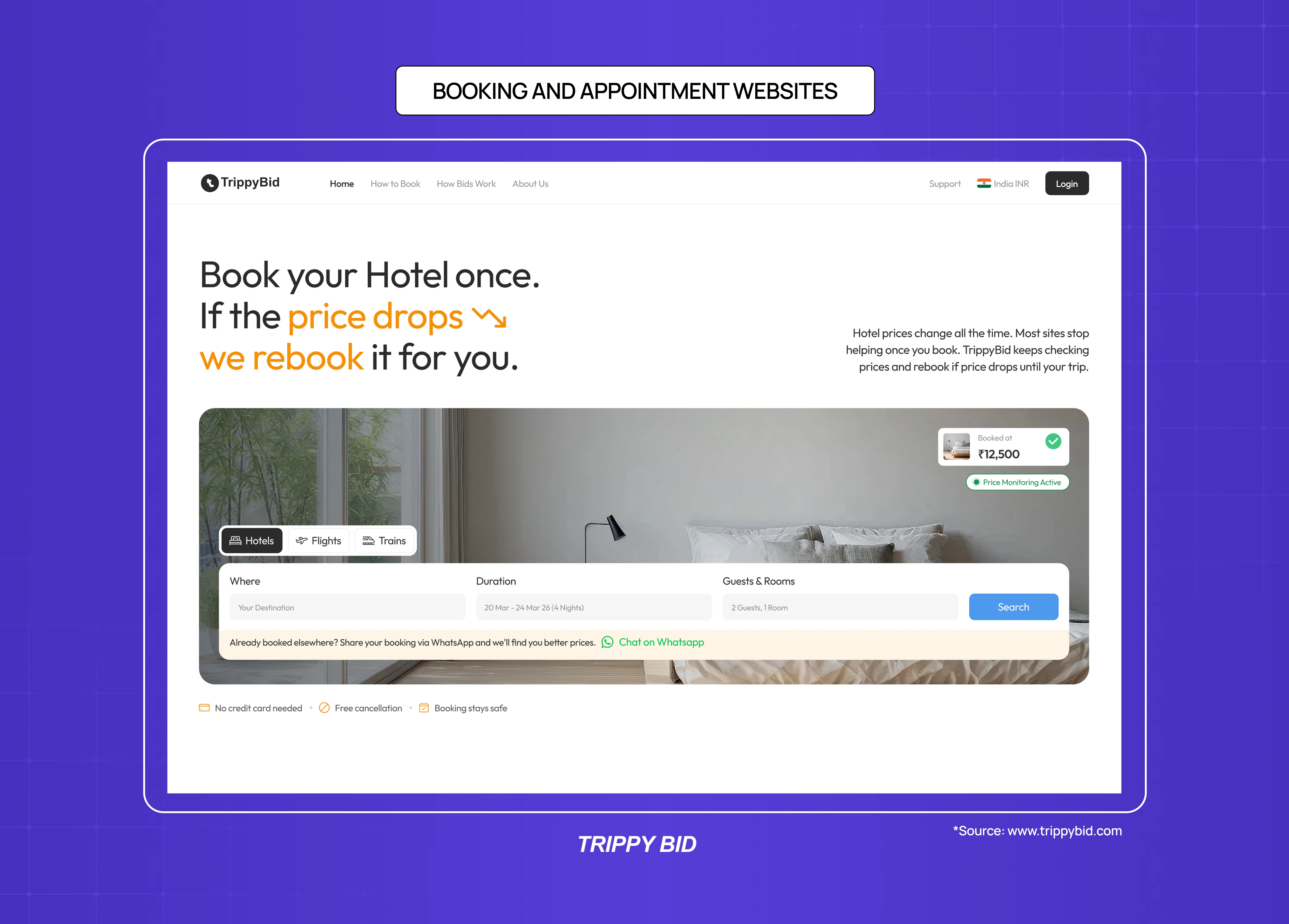 TrippyBid booking website interface with hotel reservation search, travel booking tools, and pricing-focused messaging.