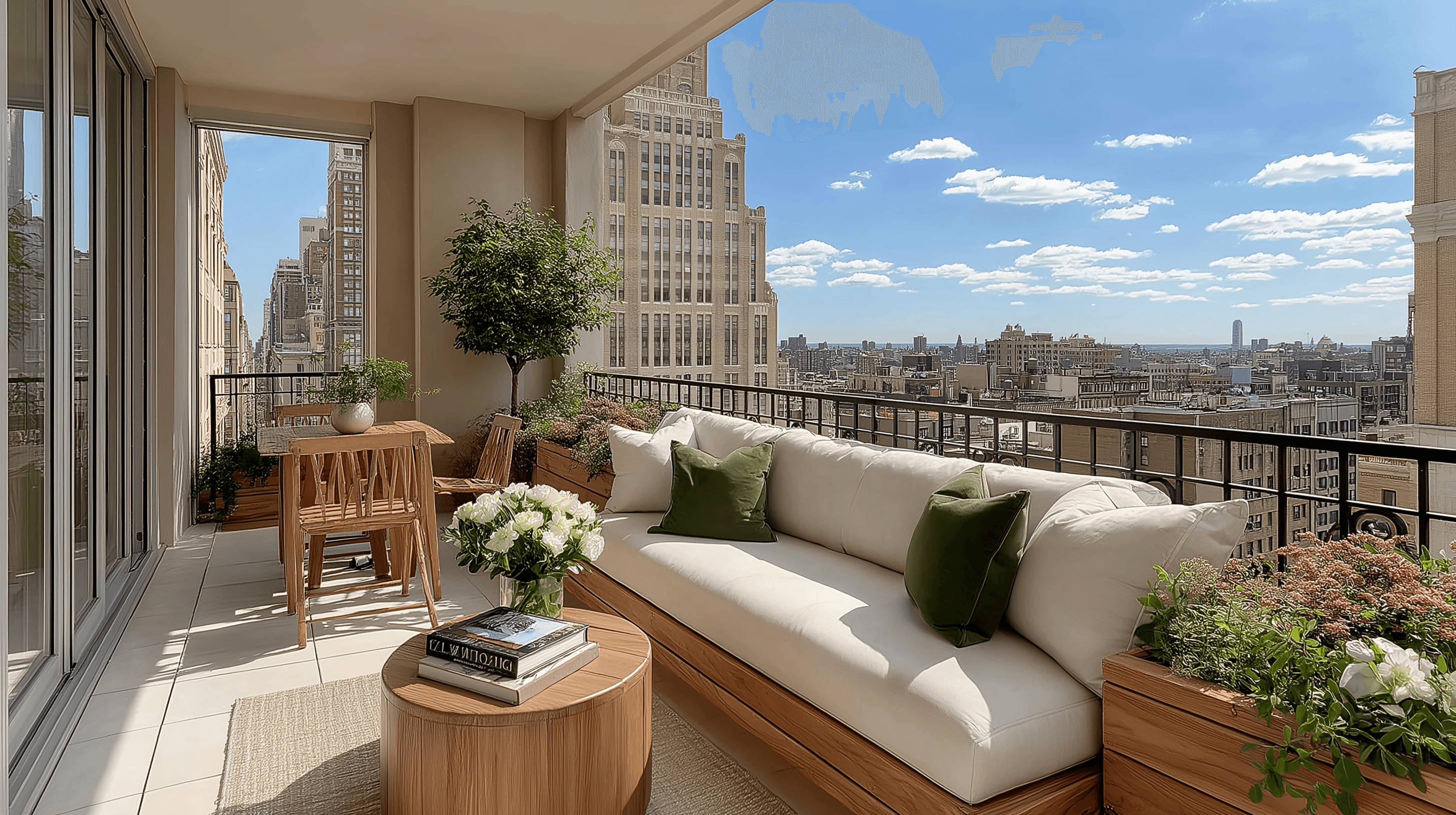 High-rise balcony featuring a built-in wooden sofa with white cushions, outdoor dining furniture, potted plants, and an expansive view of the city skyline under a clear blue sky.