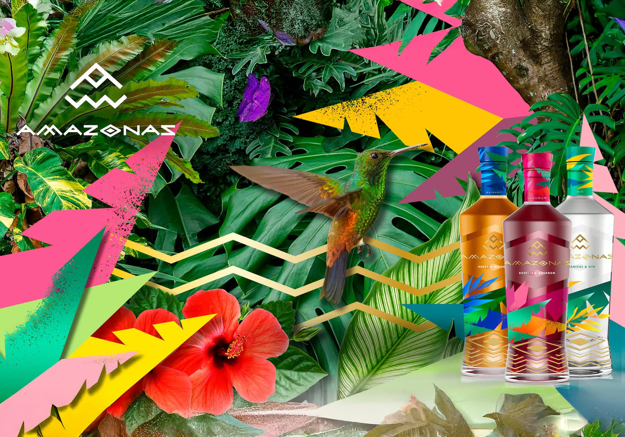 Amazonas illustration with vibrant flora and birds.