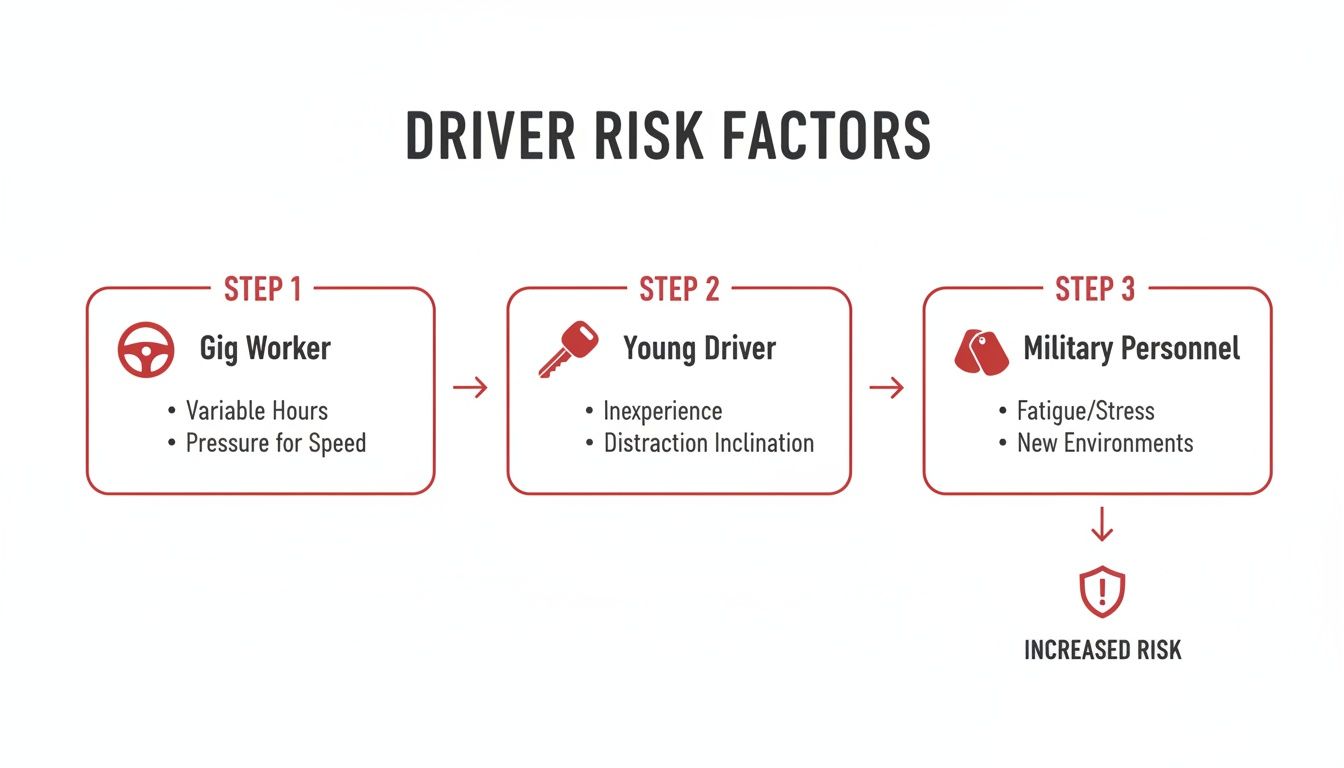 Infographic outlining driver risk factors: Gig Worker, Young Driver, and Military Personnel, leading to increased risk.