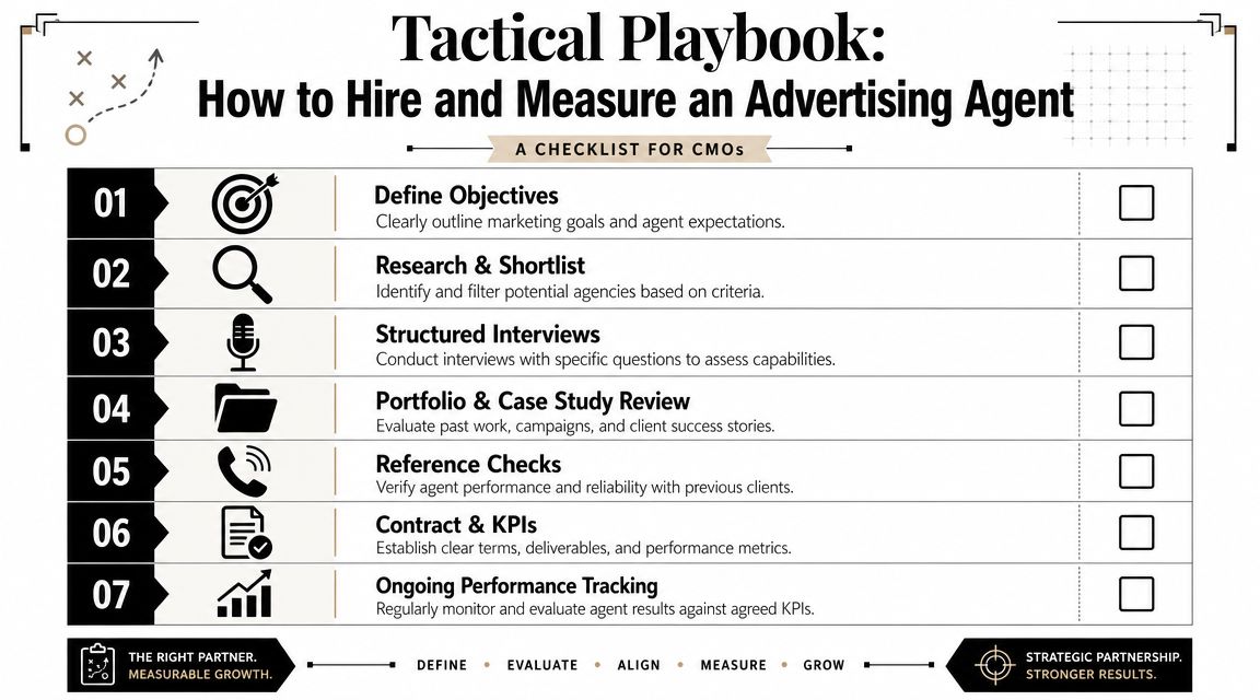 A checklist infographic titled Tactical Playbook outlining the seven steps for hiring and measuring an advertising agent.