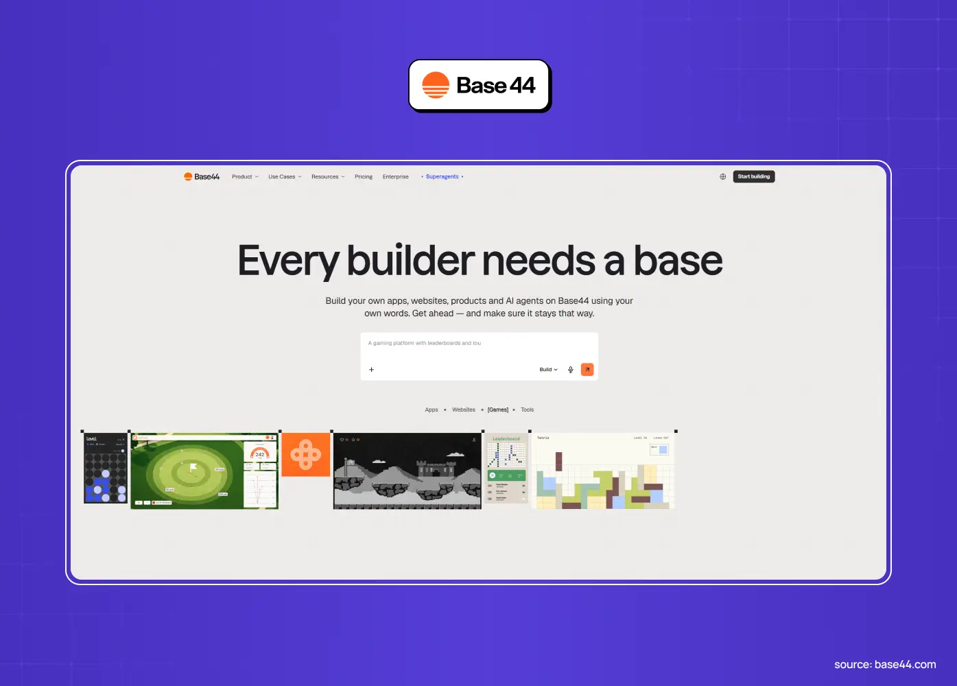 Base44 landing page featuring the headline “Every builder needs a base,” an AI prompt field, and previews of different applications. 