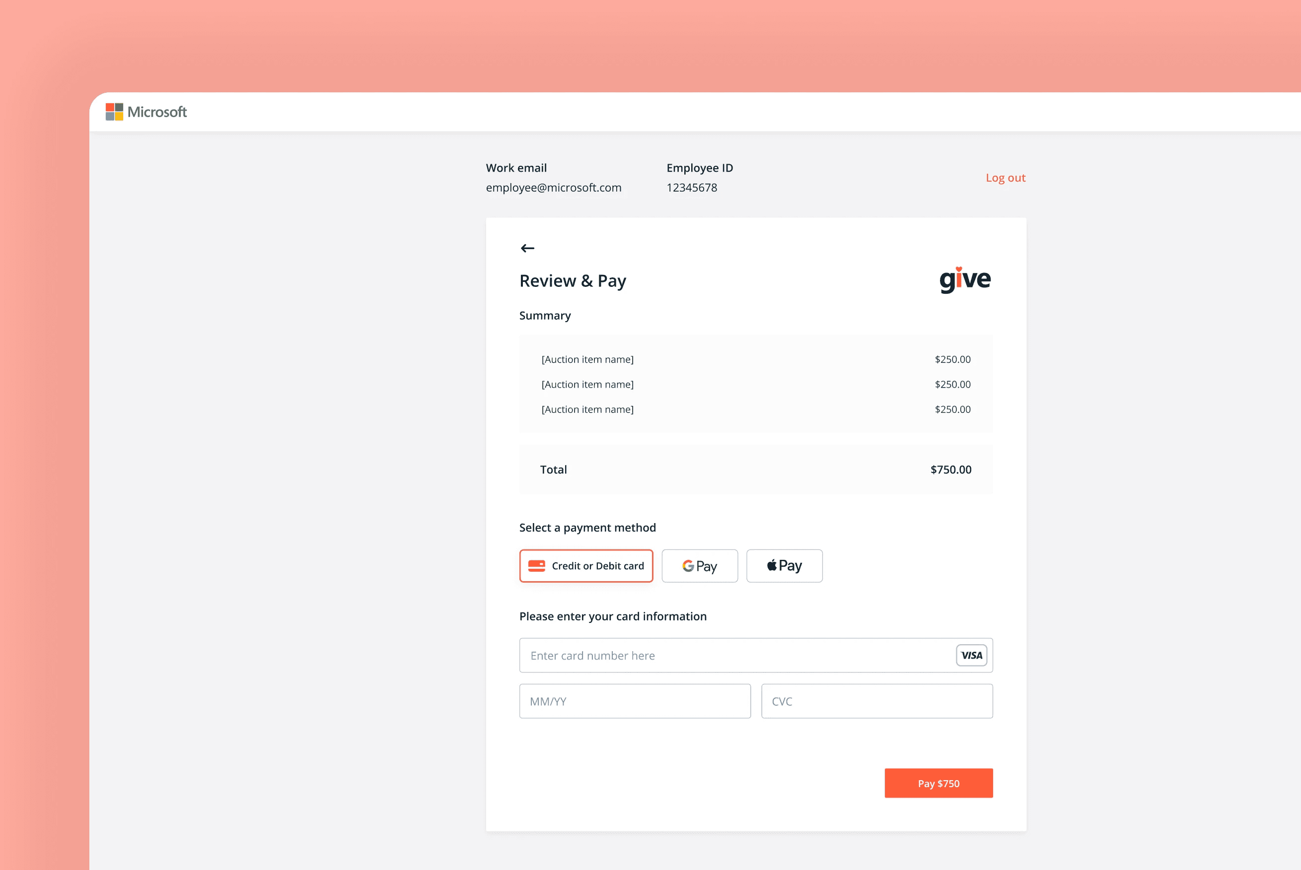 A payment process for Microsoft Give annual employee auction