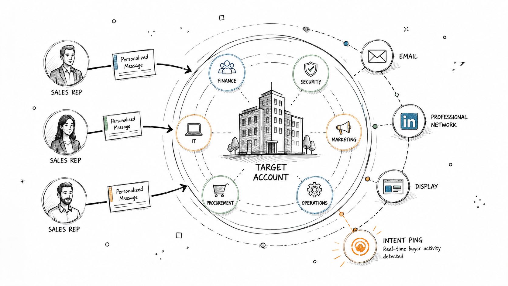 A diagram illustrating B2B lead nurturing strategies involving sales representatives, target accounts, and multi-channel engagement.