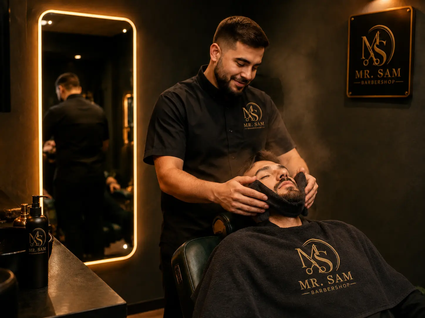 Mr. Sam providing a relaxing hot-towel beard treatment to a reclined client.