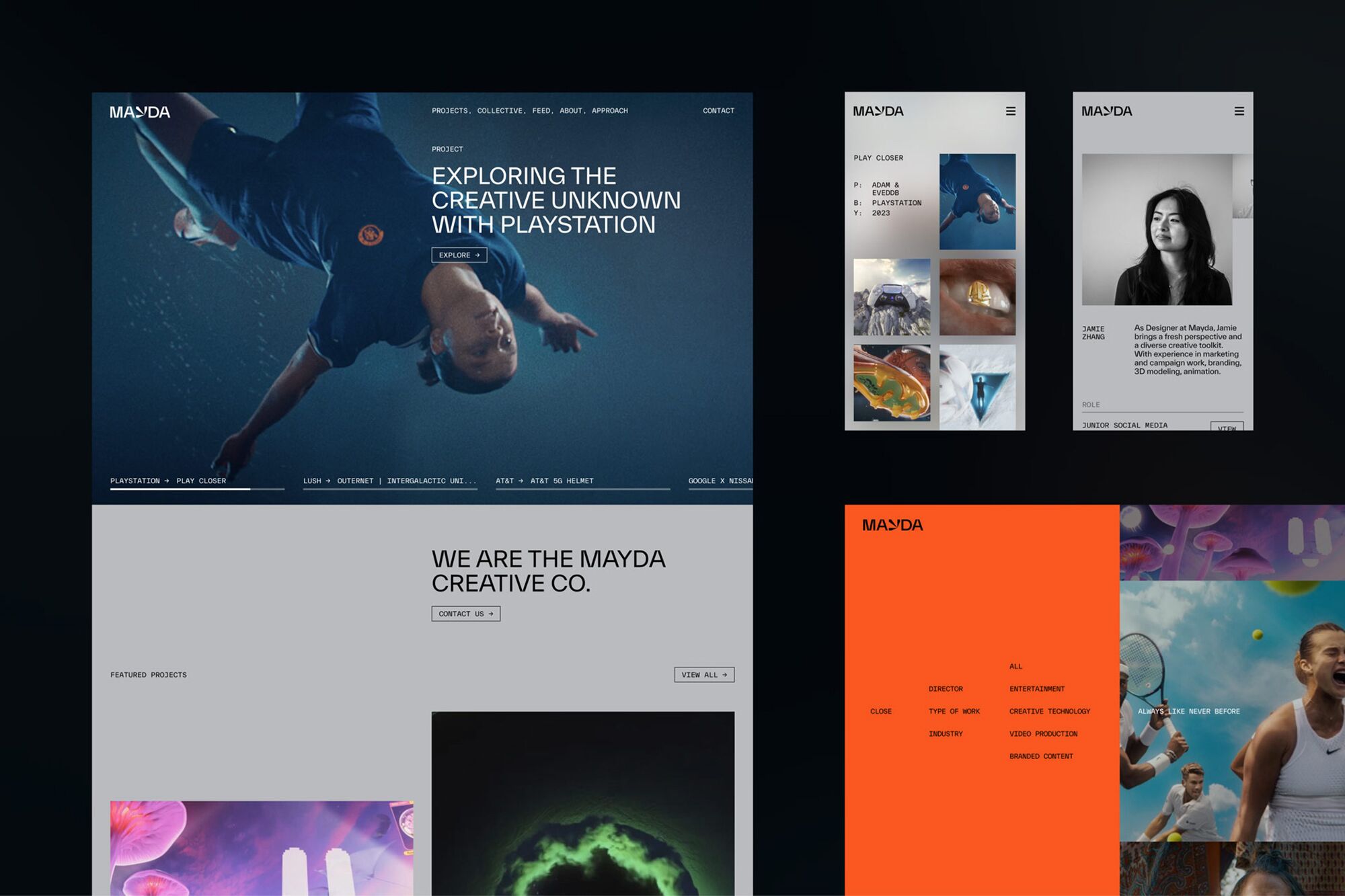 Creative agency website layouts showcasing bold visuals, typography, and modern grid design