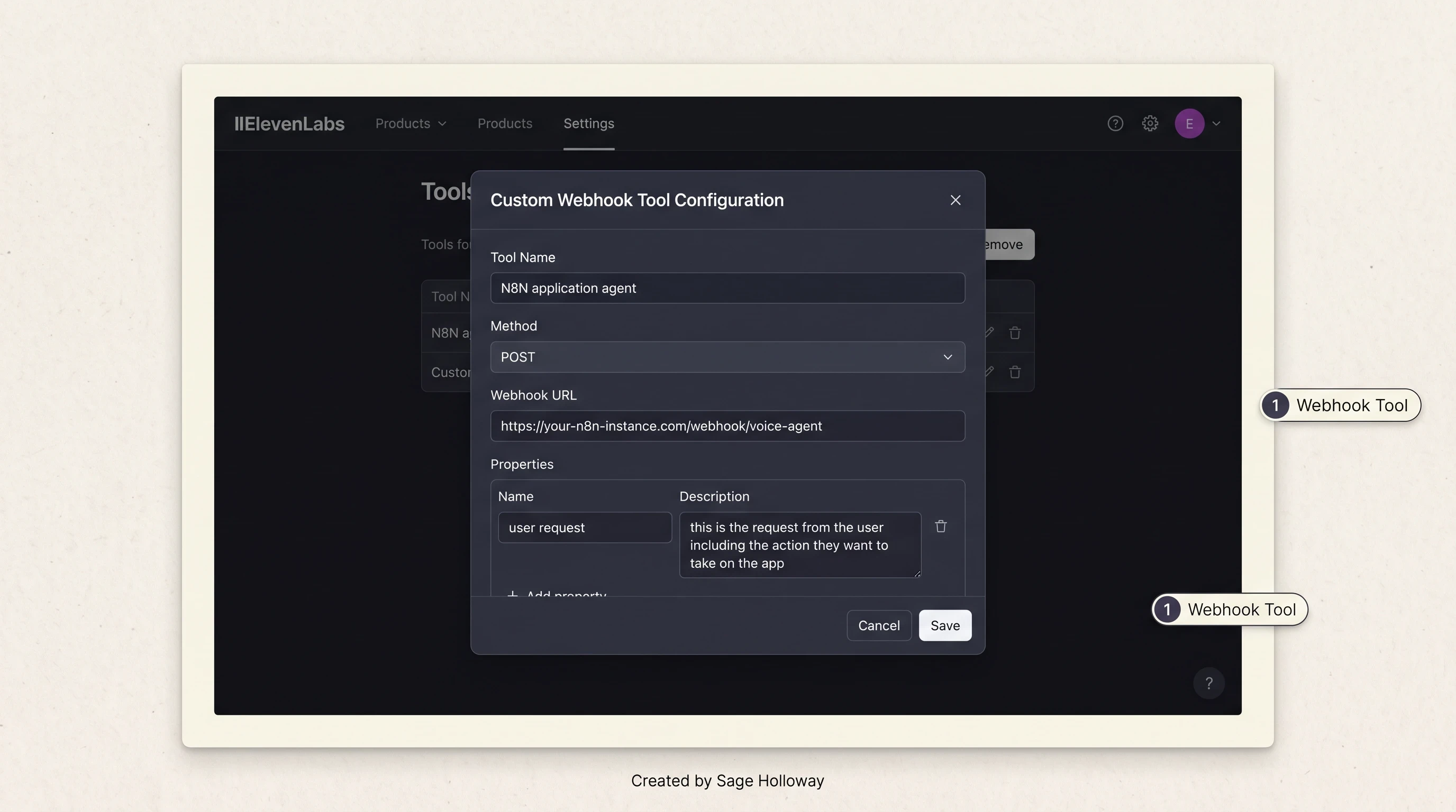 Teaching reconstruction of ElevenLabs Conversational AI custom webhook tool configuration for n8n