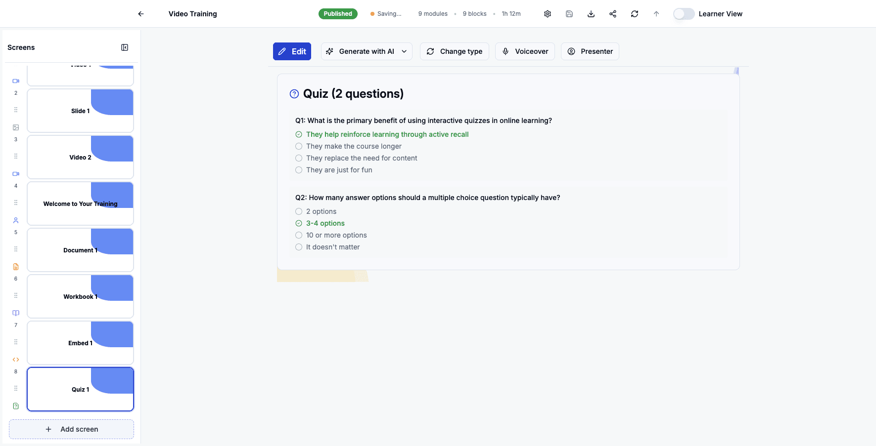 Click Add screen to add another interactive workbook or activity.
