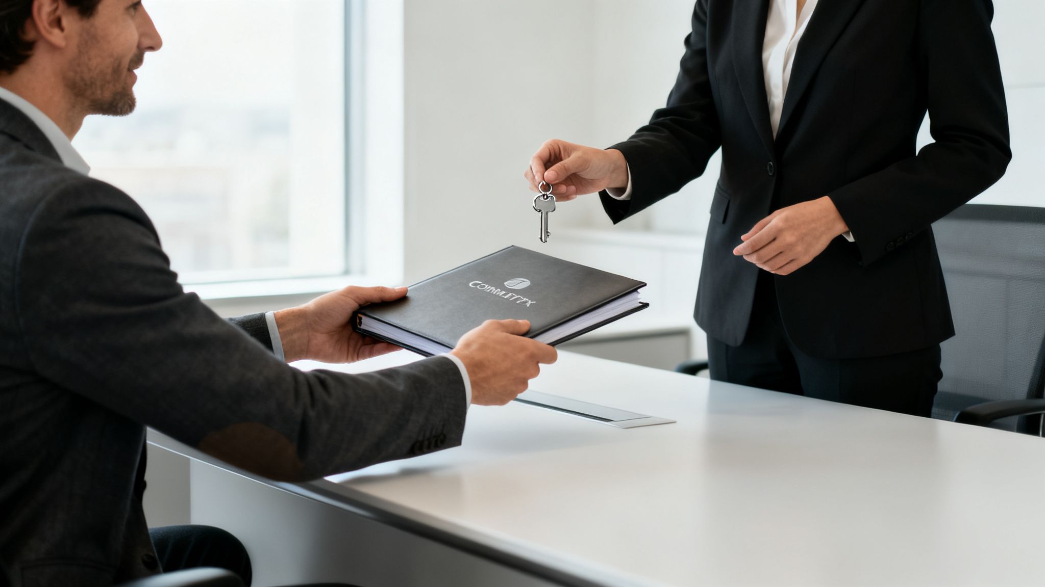 Two business people exchanging a folder and a key, symbolizing a successful transaction or deal.