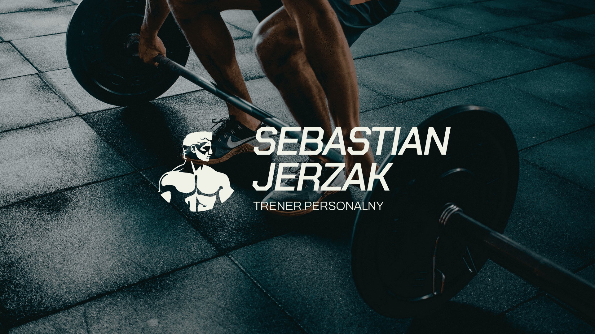 a logo of sebastian jerzak,  photo of sportman lifting barbells in the background