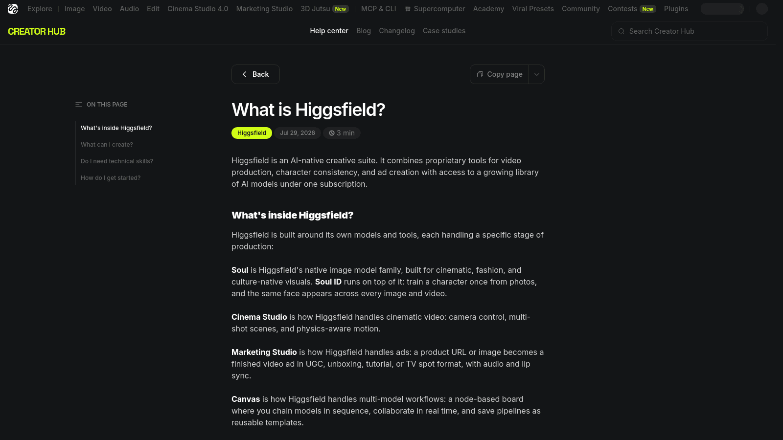 A help center article titled What is Higgsfield on the Higgsfield Creator Hub website.