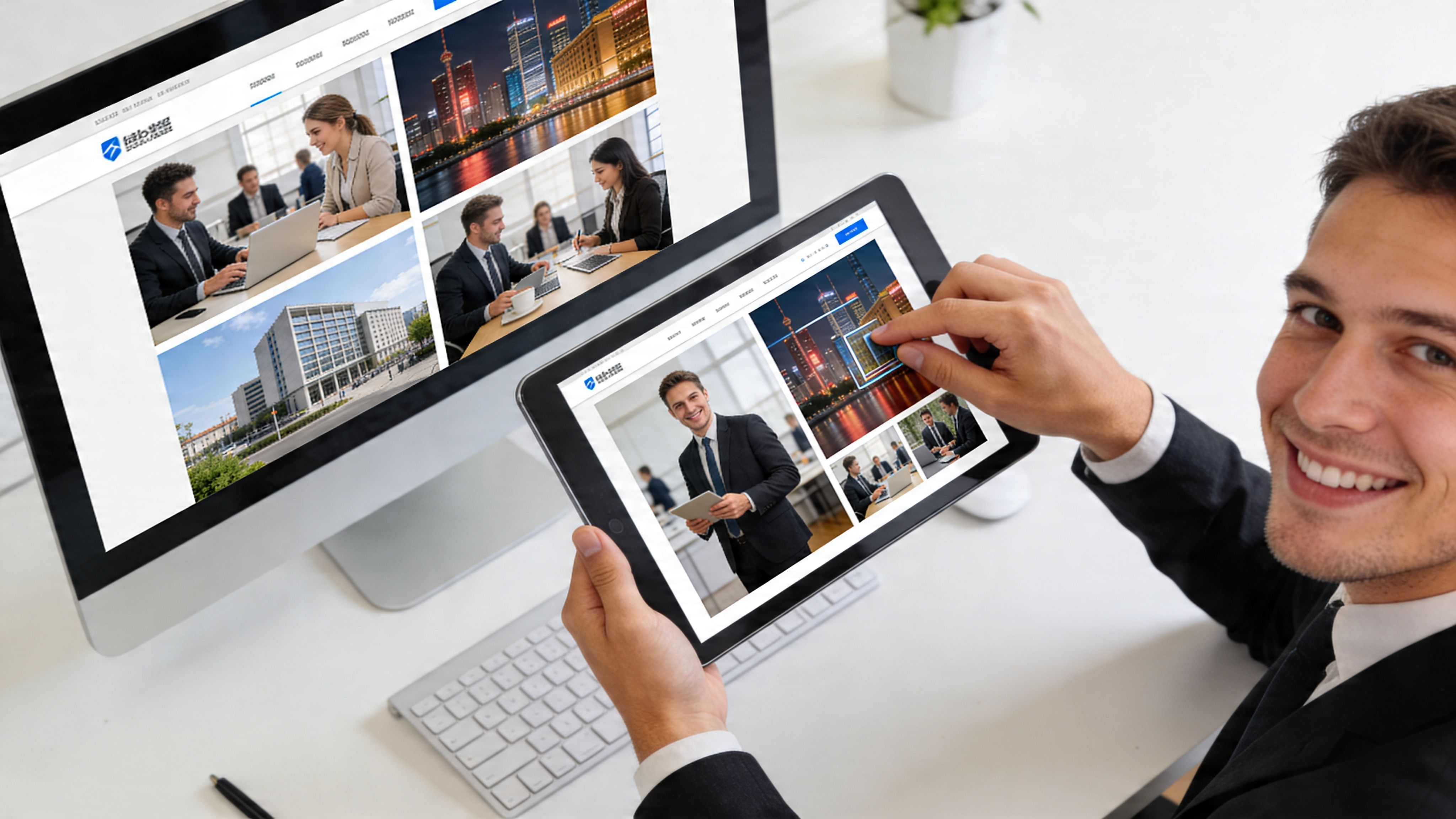 Ein lächelnder Geschäftsmann, der auf einem Tablet mit einer professionellen Firmen-Webseite navigiert, während er am Schreibtisch sitzt.