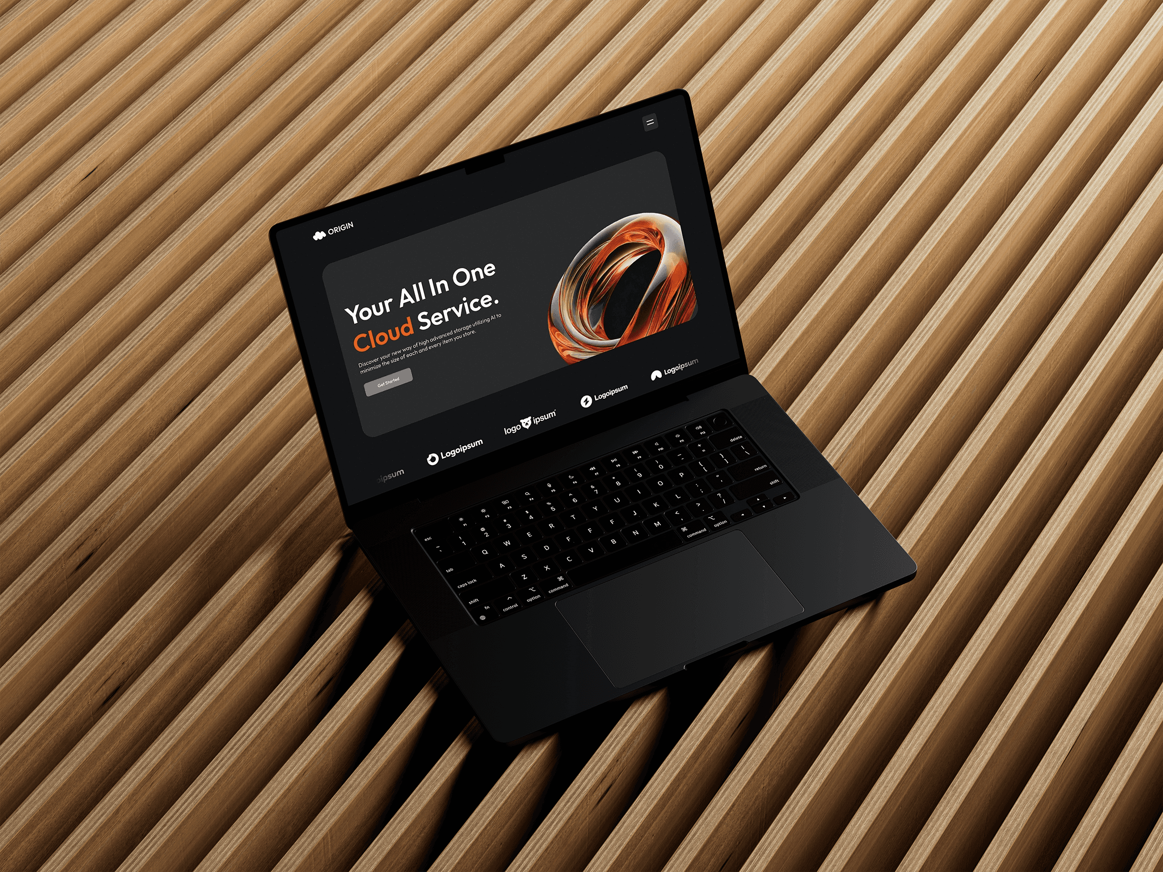 A black computer with a website on the screen on a wood background