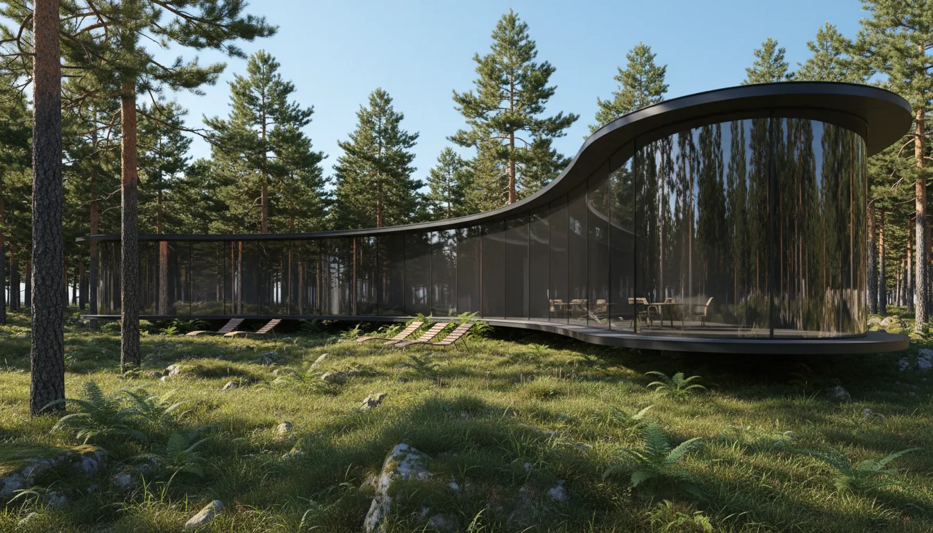Photorealistic architectural visualization, 3D render in the style of Twinmotion, featuring a modern building with a sweeping curved facade of dark, reflective glass, nestled within a dense pine forest. The structure is integrated into a natural, uneven landscape with wild grass, mossy rocks, and ferns. Tall, mature pine trees with detailed bark dominate the background. Several modern metal and wood lounge chairs are scattered on the grassy ground. The scene is lit by crisp, bright natural daylight from a clear blue sky, casting realistic shadows and creating detailed reflections on the glass. Wide-angle, eye-level shot.