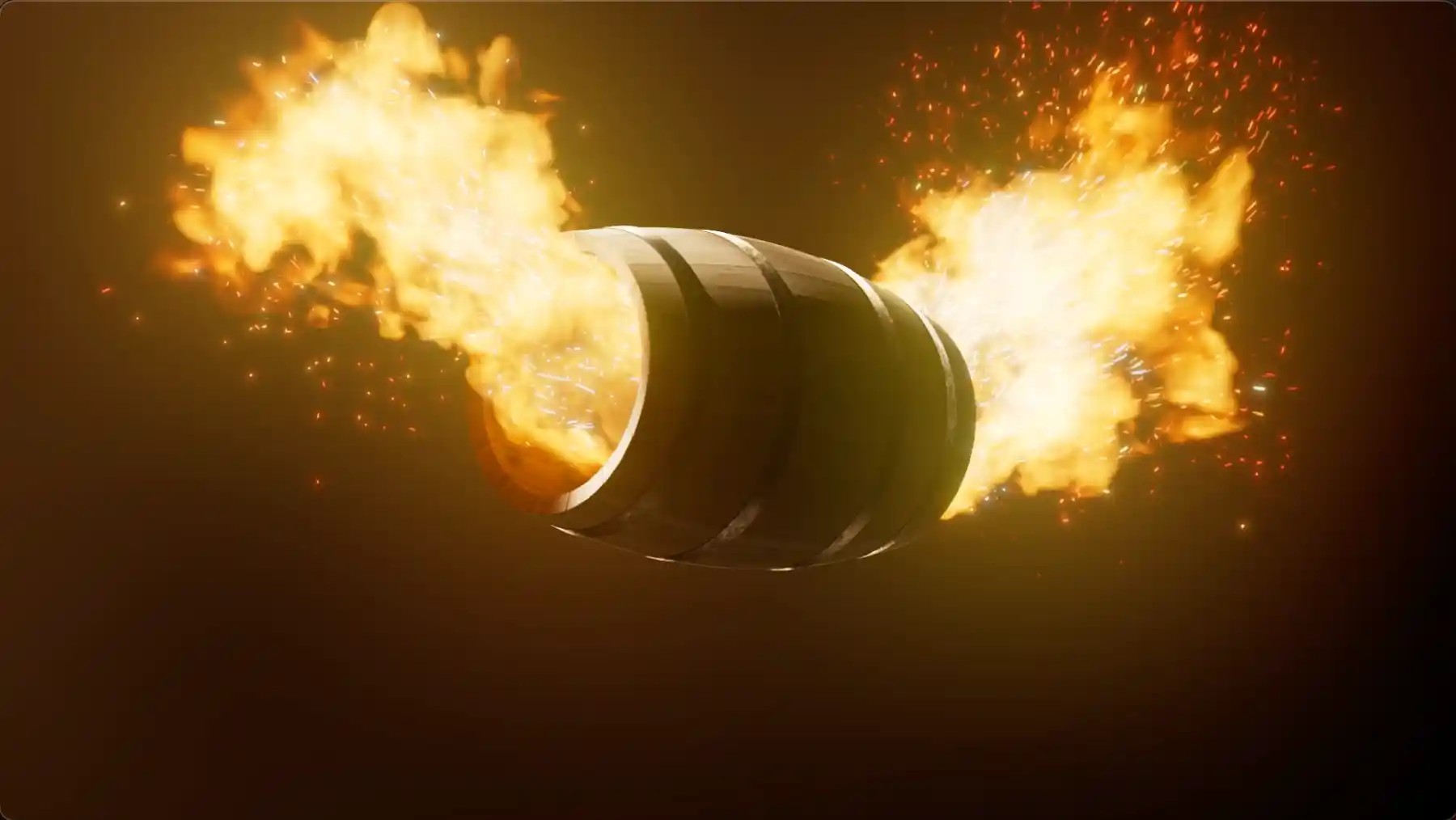 Oak whisky cask being charred in flames, CGI of the barrel toasting process