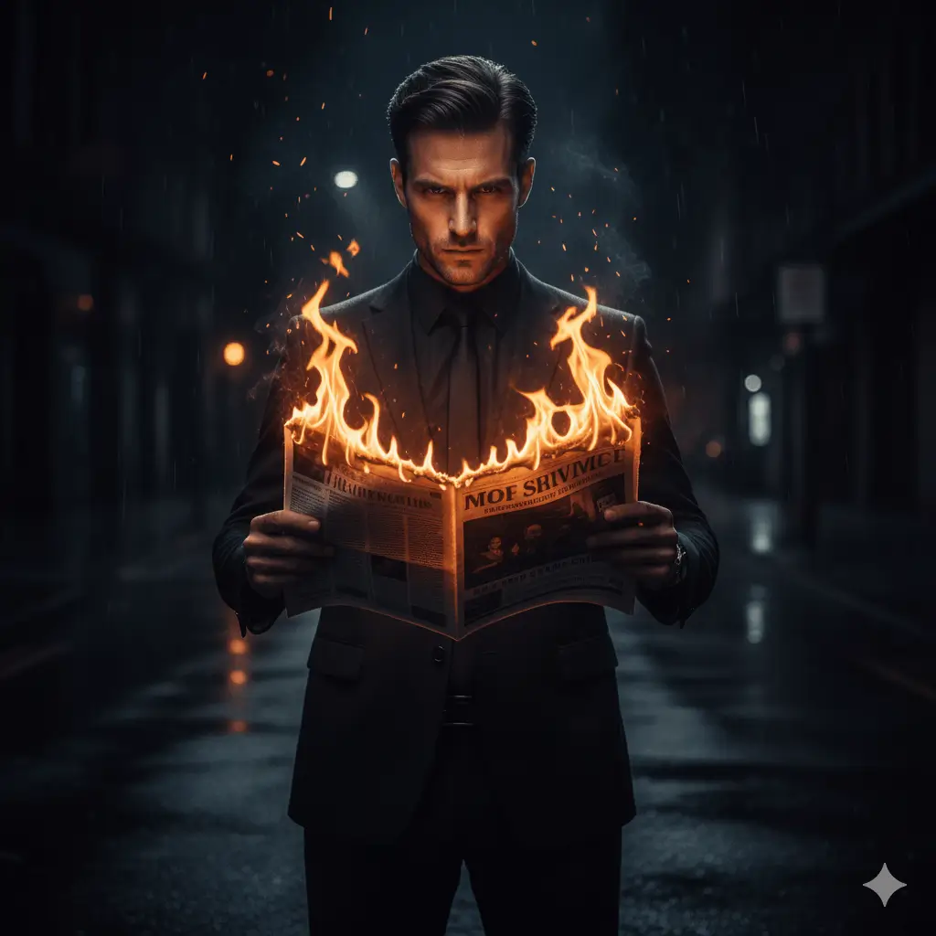AI-generated dramatic male portrait with fiery newspaper effect, professional man in suit reading burning "MOF SURVIVAL" newspaper on dark rain-soaked street with cinematic flames by Mahendra