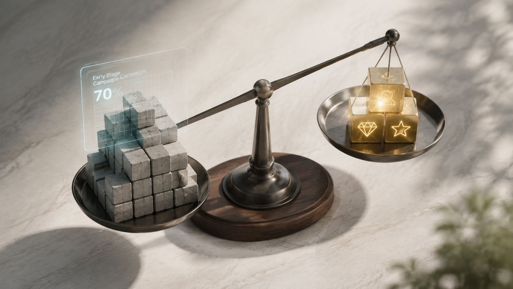 A digital scale weighing a pile of concrete blocks against three glowing golden cubes representing business metrics.