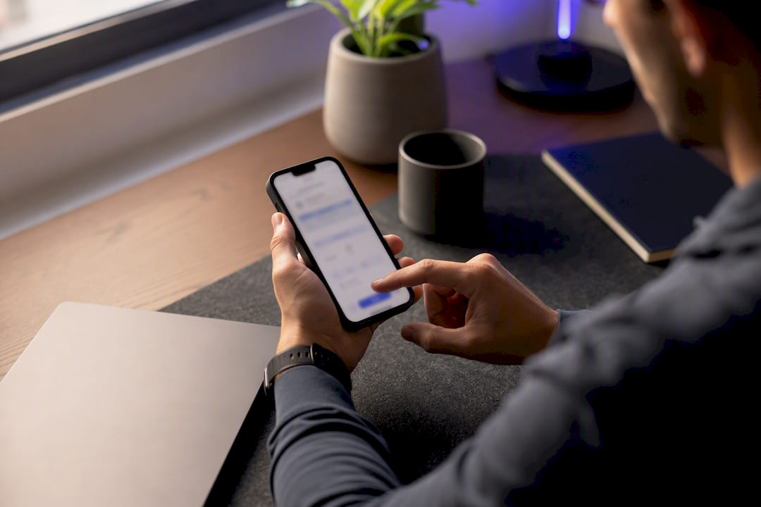 Hand interacting with smartphone to schedule sales follow-up
