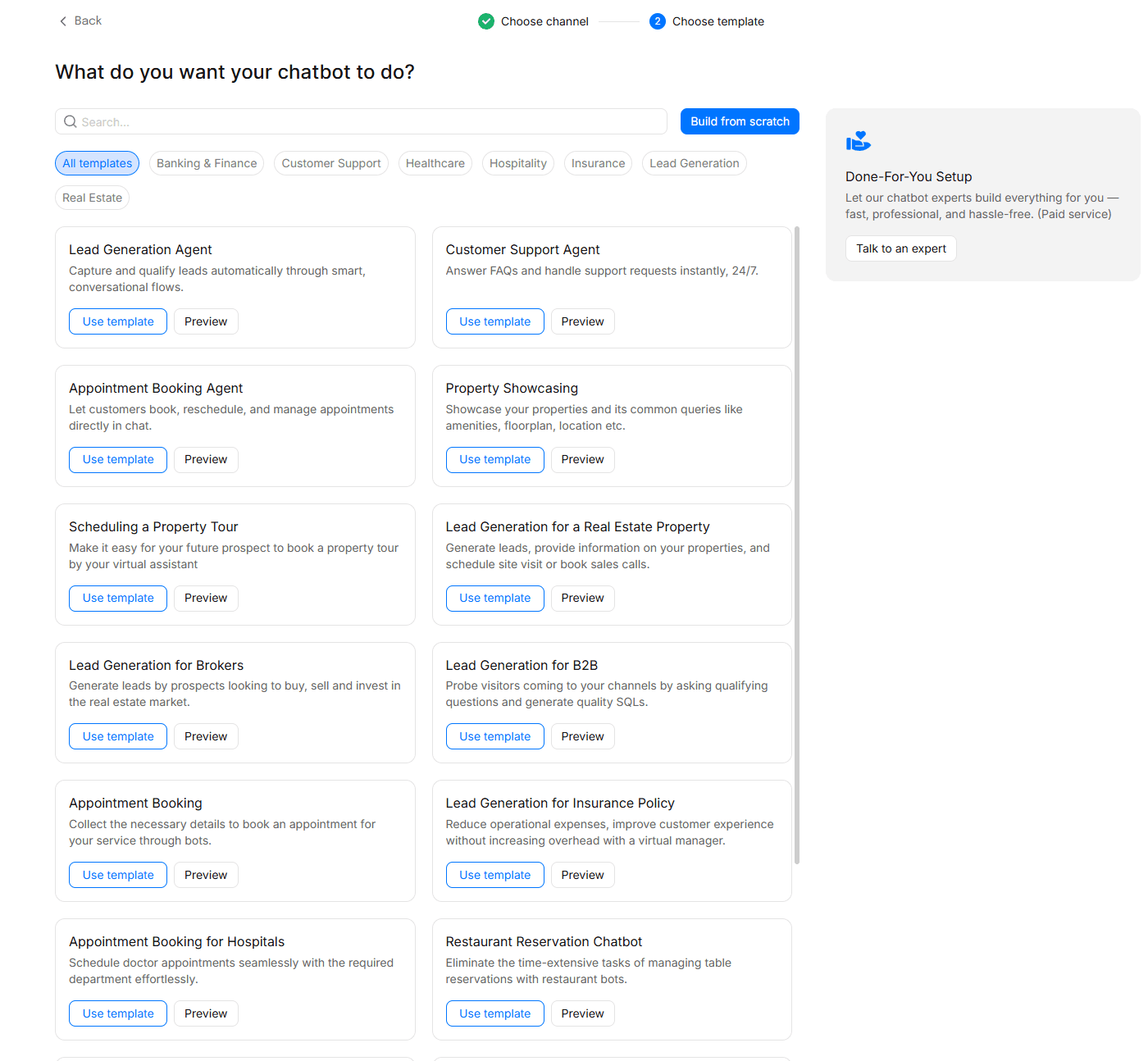 Template library with "Build from scratch" button and template options