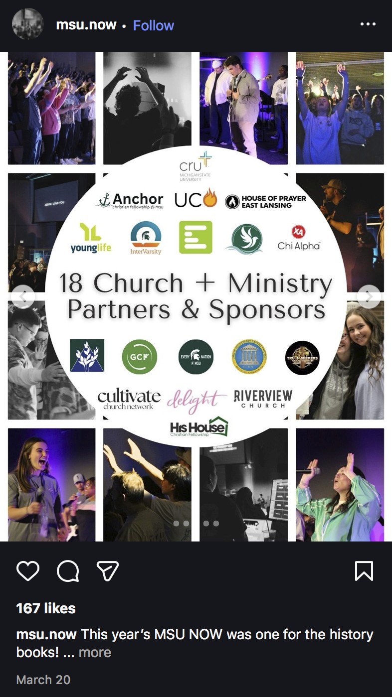 Instagram post from msu.now featuring Anchor as one of 18 campus ministry partners for MSU NOW