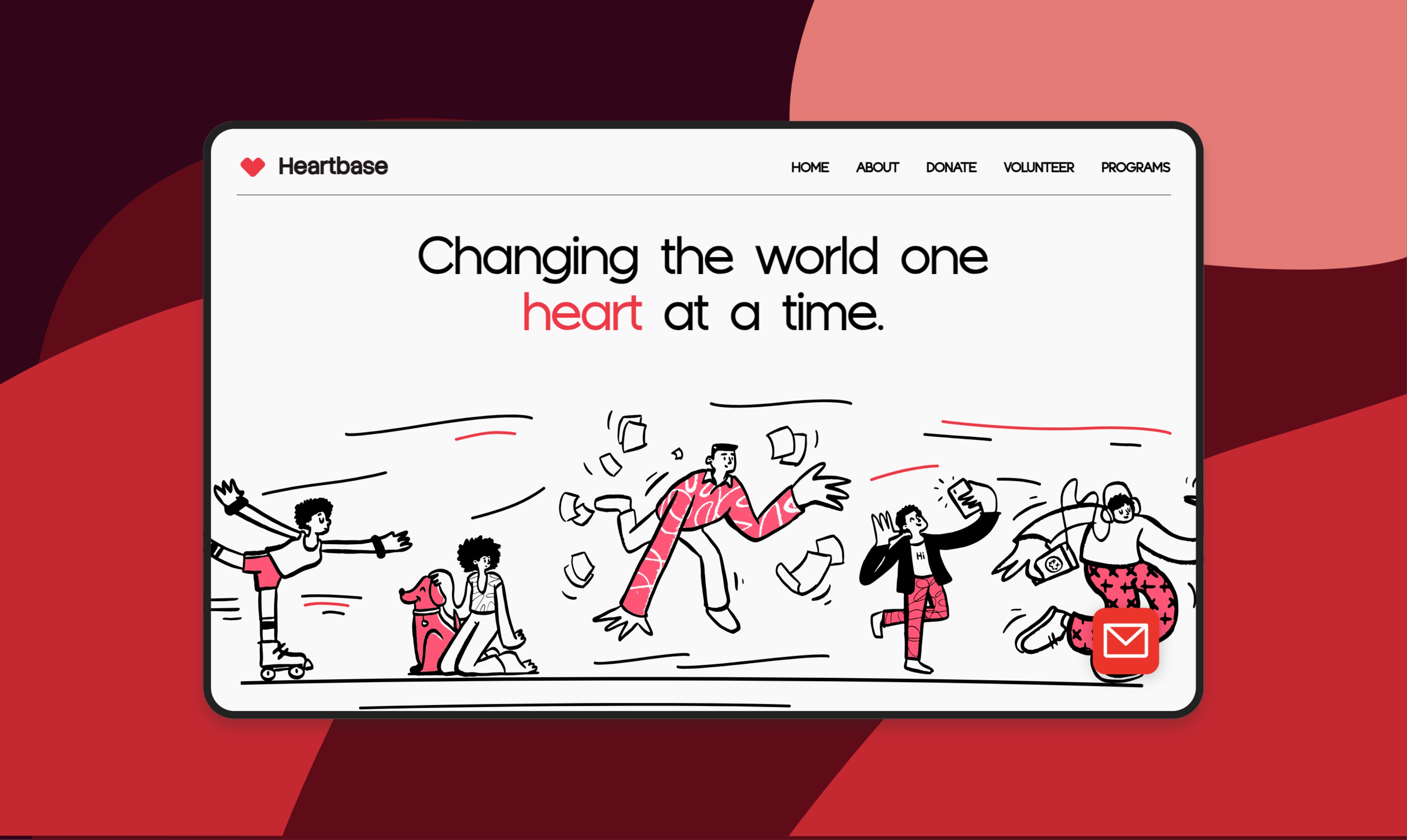A cartoon-style web page design features animated characters engaging in various activities, accompanied by the inspiring text "Changing the world one heart at a time" against a bold red and black abstract background, symbolizing community and altruism.