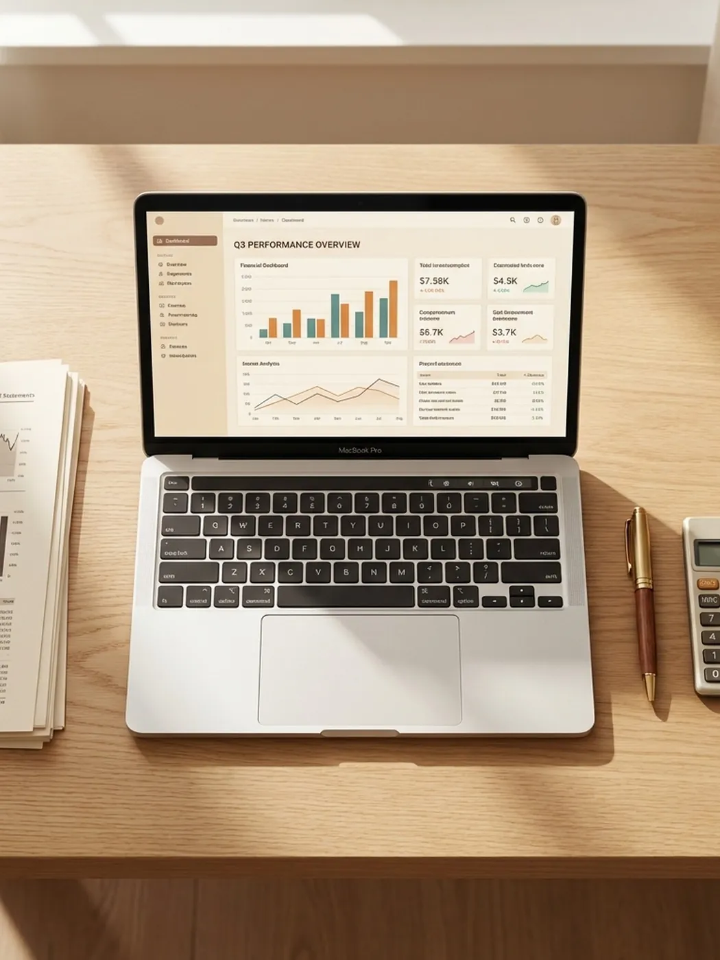 MacBook Pro displaying Q3 performance overview dashboard