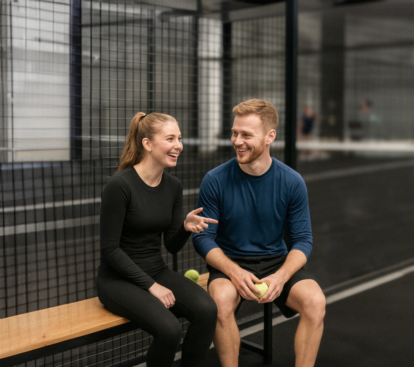 Zwei lachende Padelspieler sitzen auf einer Bank am Court und unterhalten sich nach dem Spiel.