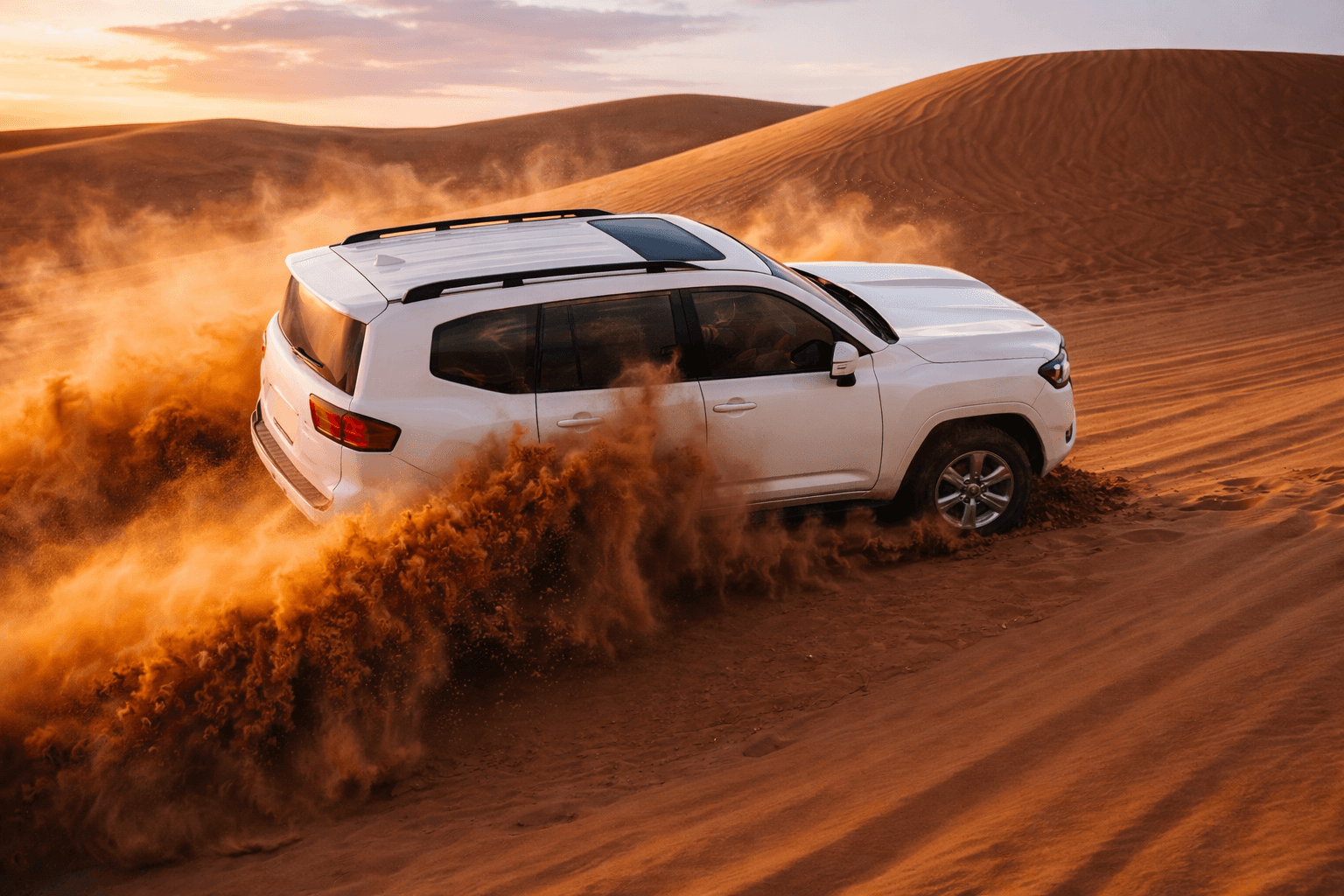 Family enjoying BBQ buffet dinner during the Dune Quest Tours evening desert safari at sunset in Dubai