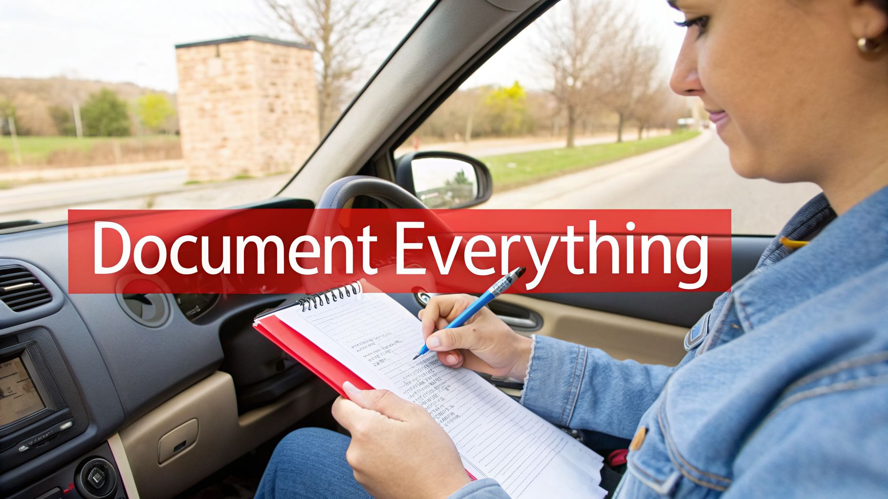 A person sitting in a car writing notes in a spiral notebook, with text 'Document Everything'.