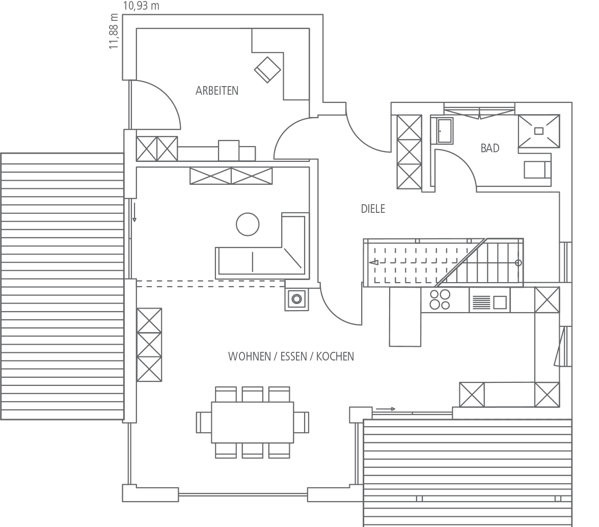 Grundriss eines Einfamilienhauses mit Wohnen/Essen/Kochen, Diele, Arbeitszimmer und Bad.