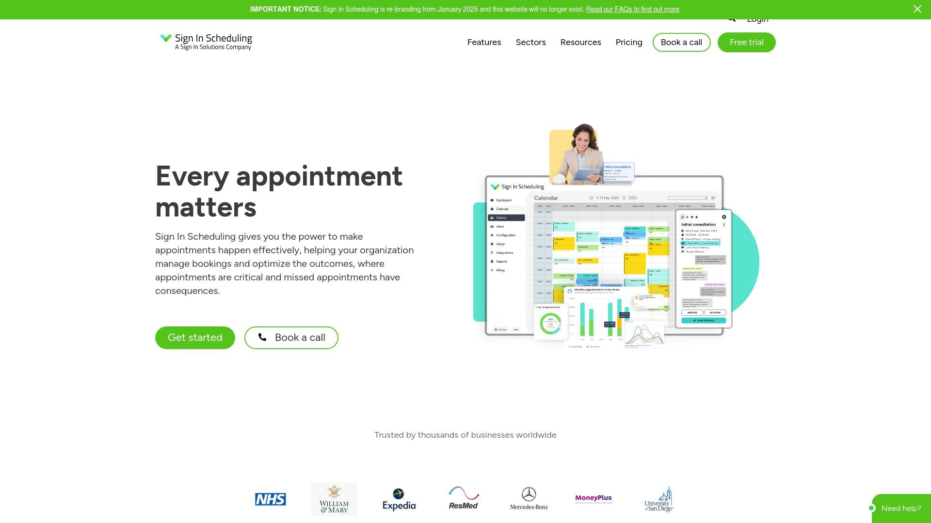 Sign In Scheduling homepage with 'Every appointment matters' message, calendar interface preview, and client logos including NHS and Mercedes-Benz