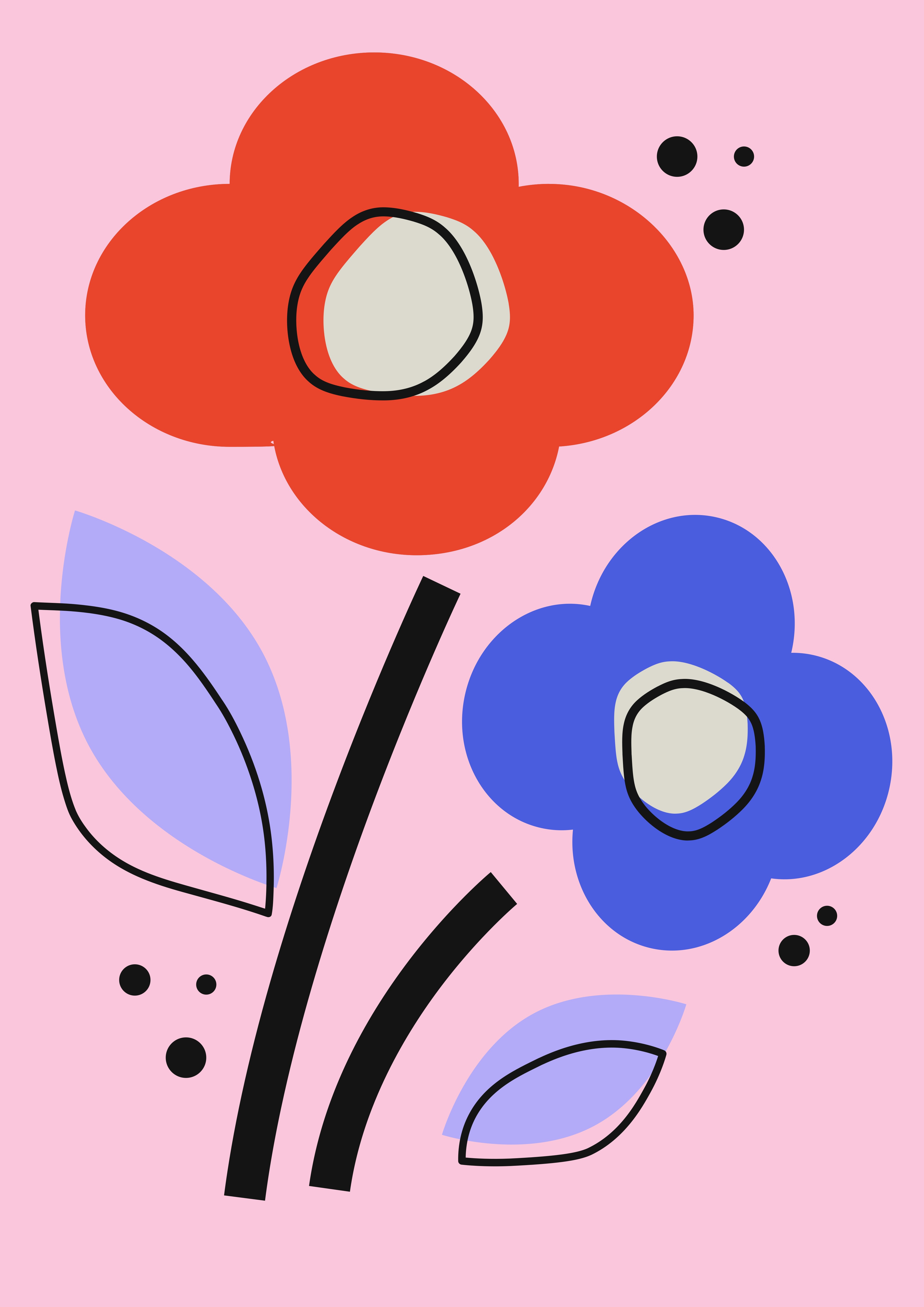 Abstract floral illustration with large red and blue flowers on a pink background.