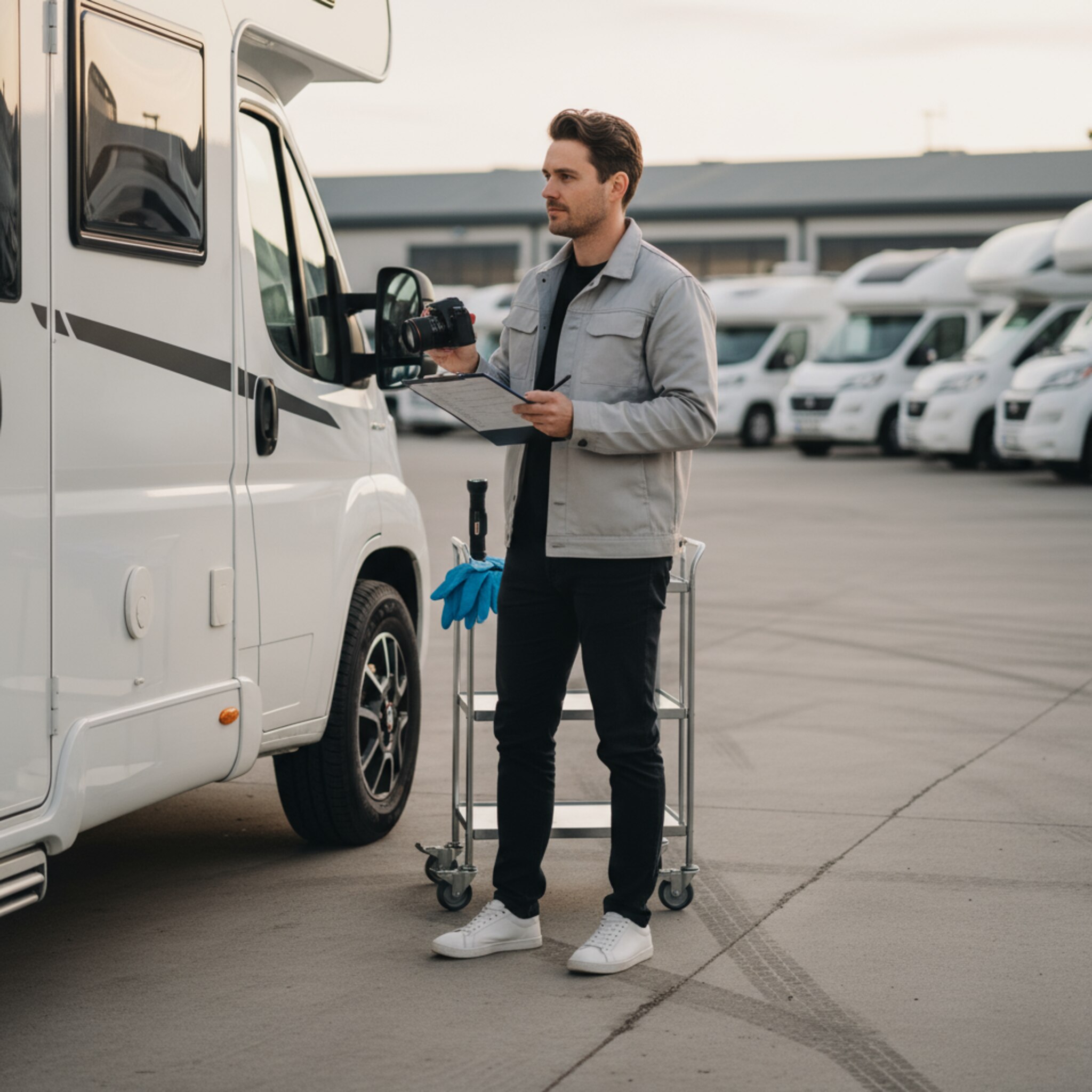 Neben einem Camper hakt ein Mitarbeiter eine gedruckte Übergabeliste auf einem Klemmbrett ab und fotografiert behutsam eine Felge. Die Abendsonne betont kleine Reflexe im Lack. Ein dezentes Tuch und Handschuhe liegen bereit. Die Atmosphäre ist sorgfältig und professionell.