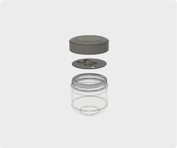 CAD view of cannabis storage containers, highlighting multiple elements designed for optimal preservation, including airtight seals and compartmentalized sections for freshness and organization.