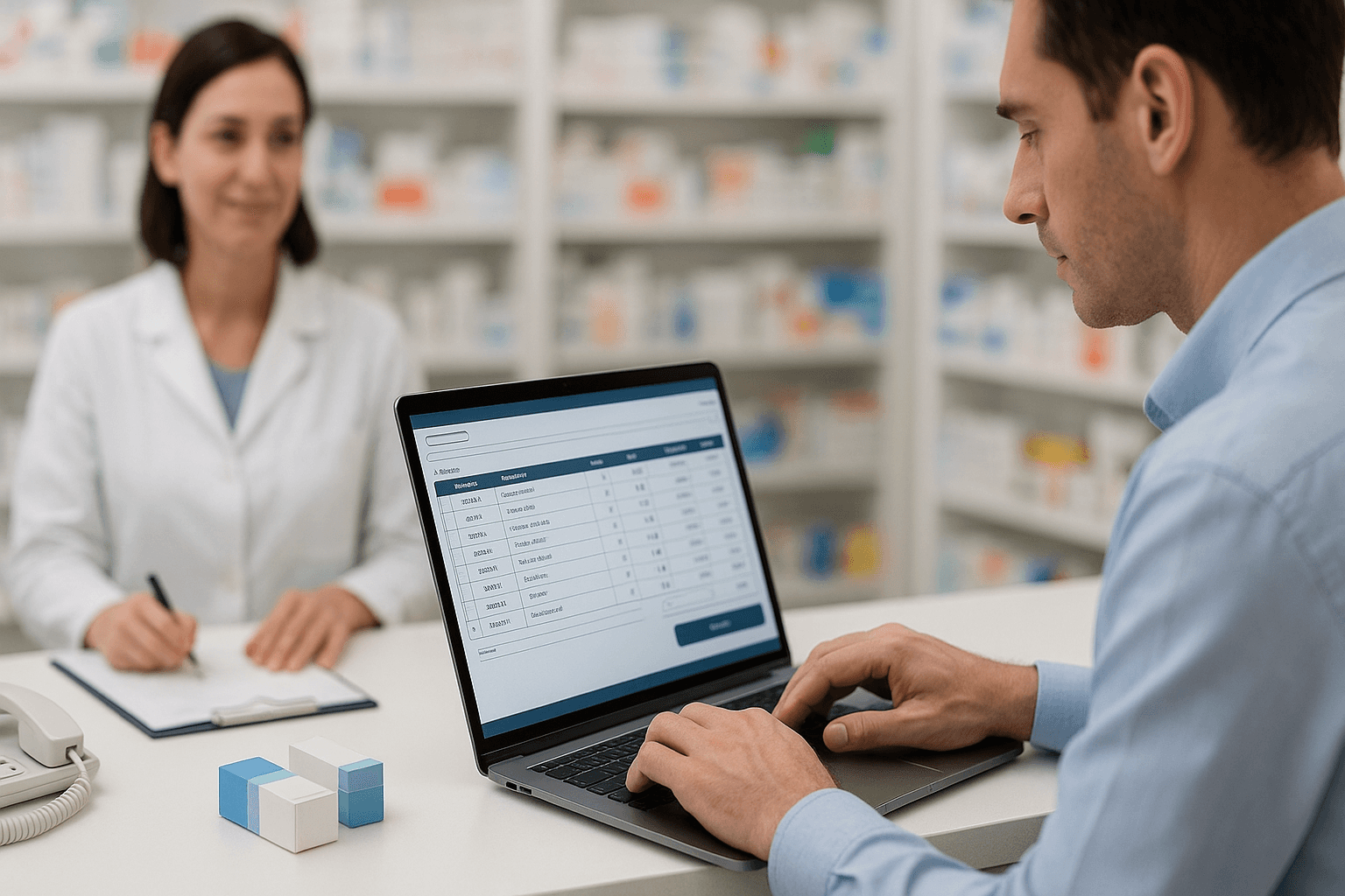 Cena 3D realista de um centro de distribuição farmacêutica com prateleiras organizadas, caixas identificadas e elementos digitais em tom verde-limão #CDEB00 representando automação. O ambiente mostra tecnologia agilizando o fluxo de pedidos, simbolizando redução de erros, mais agilidade no atendimento a farmácias e maior eficiência operacional no setor farmacêutico brasileiro.