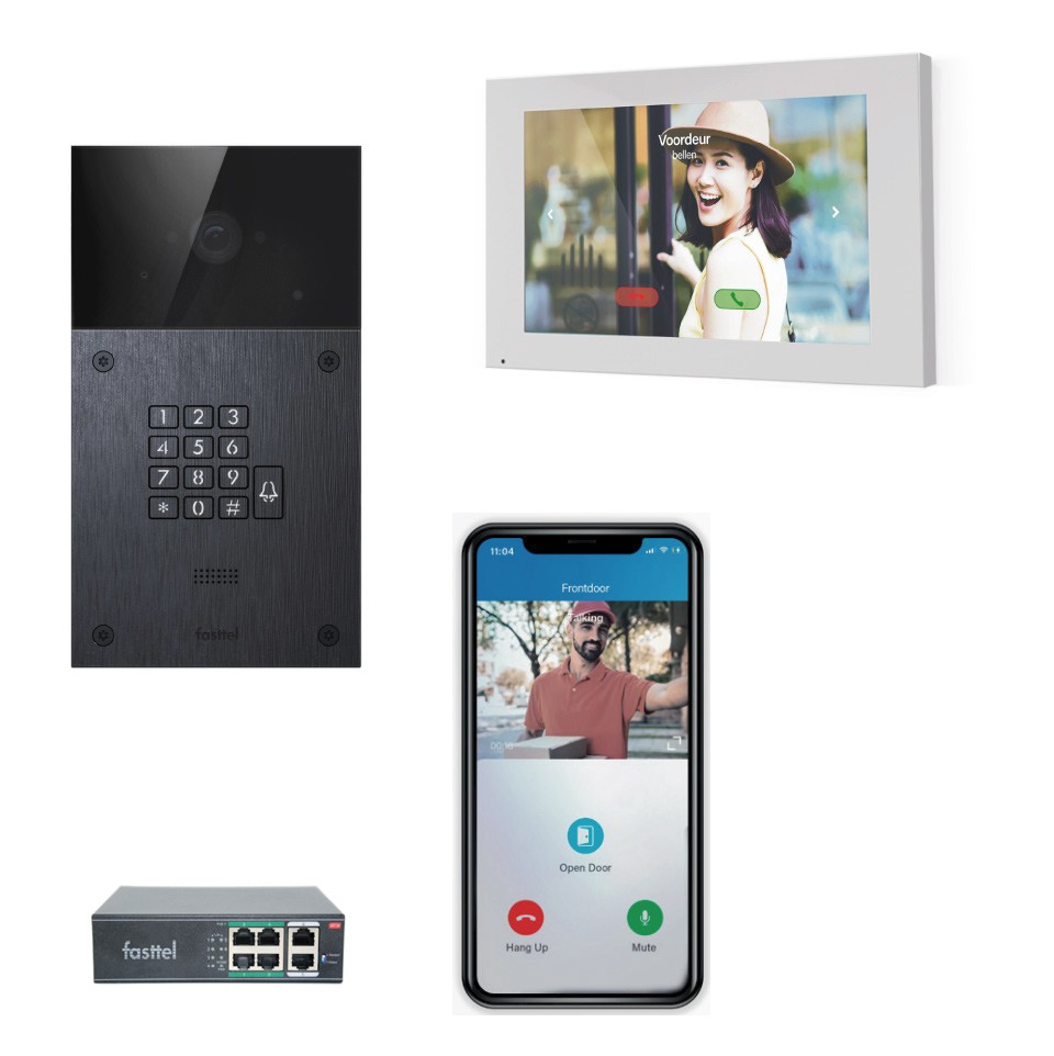 Black smart home device with screen showing time and temp
